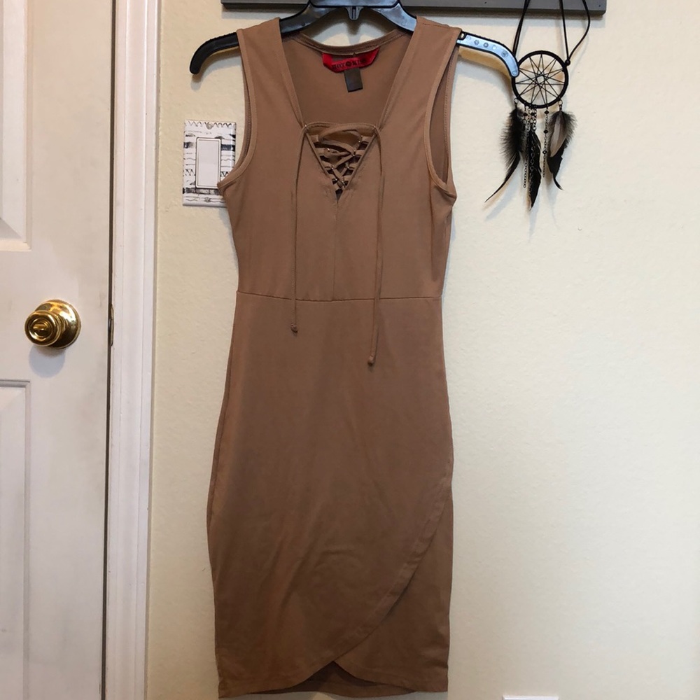 Tan Form Fitting Dress with Lace Up Front